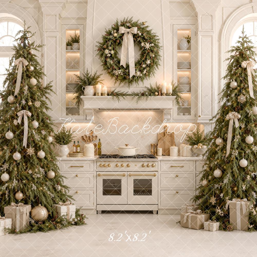 Kate Christmas White Kitchen Trees Wreath Bow Arched Window Printed Backdrop Designed by Emetselch