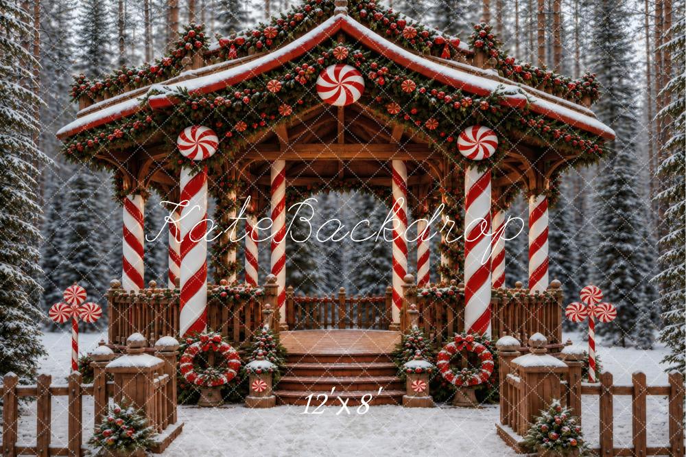 Kate Christmas Candy Cane Cabin Snowy Forest Printed Backdrop Designed by Vertigo Productions