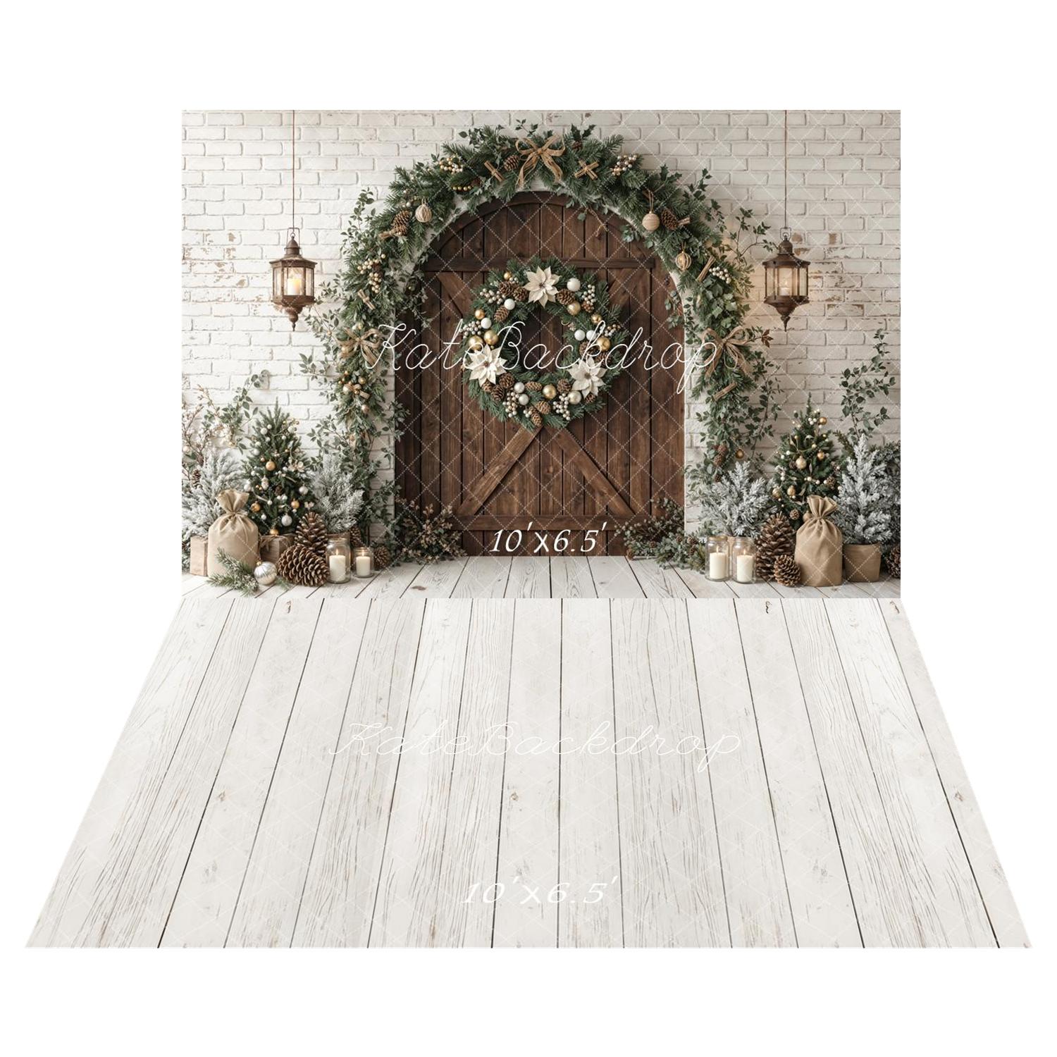 Kate Christmas Pine Arch Wreath Rustic Door Backdrop+White Wood Retro Wall Backdrop