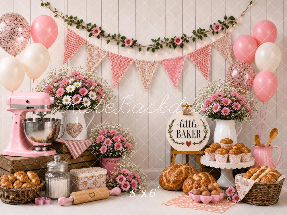Kate Cake Smash Pink Little Baker Kitchen Floral Balloons Printed Backdrop Designed by Shutter Swan Studios