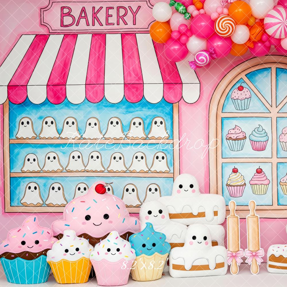Kate Halloween Bakery Shop Ghosts Cupcakes Pink Balloons Backdrop Designed by Patty Roberts