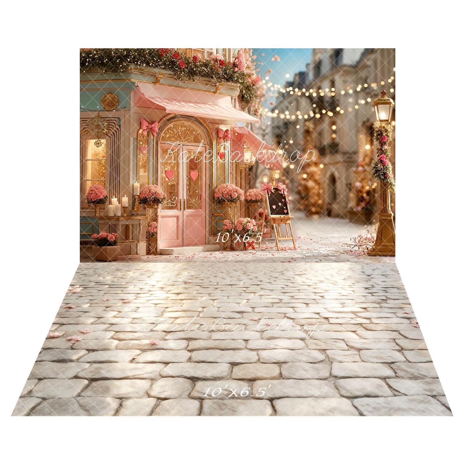 Kate Valentine's Day Café Pink Roses Printed Backdrop+Light Cobblestone Floor Printed Backdrop