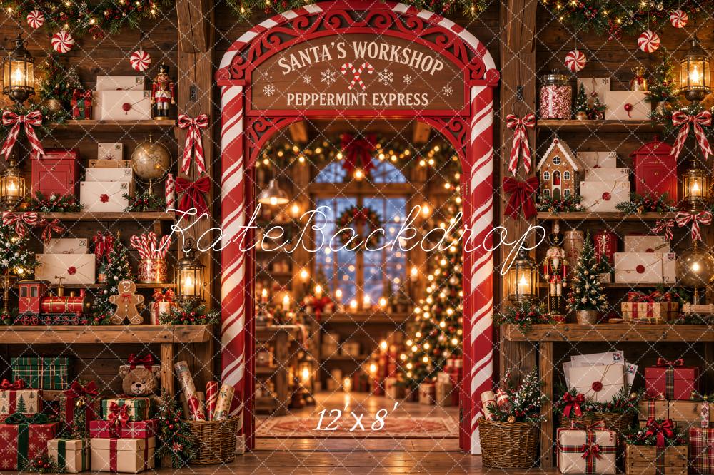 Kate Christmas Santa's Workshop Candy Cane Arch Toys Printed Backdrop Designed by Emetselch