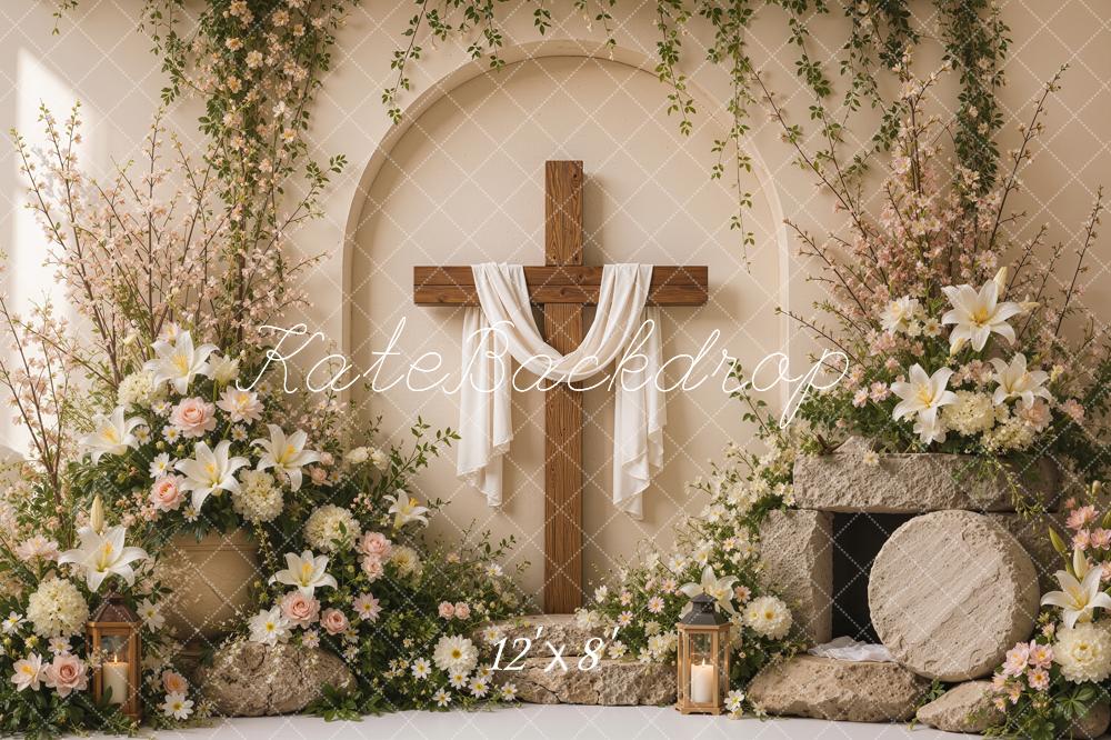 Kate Easter Resurrection Cross Beige Flower Arch Printed Backdrop Designed by Shutter Swan Studios