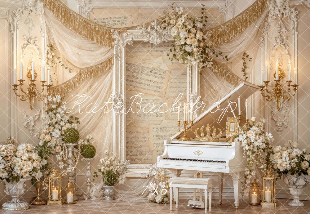 Kate Spring Ivory Grand Piano Floral Framed Printed Backdrop Designed by Mini MakeBelieve