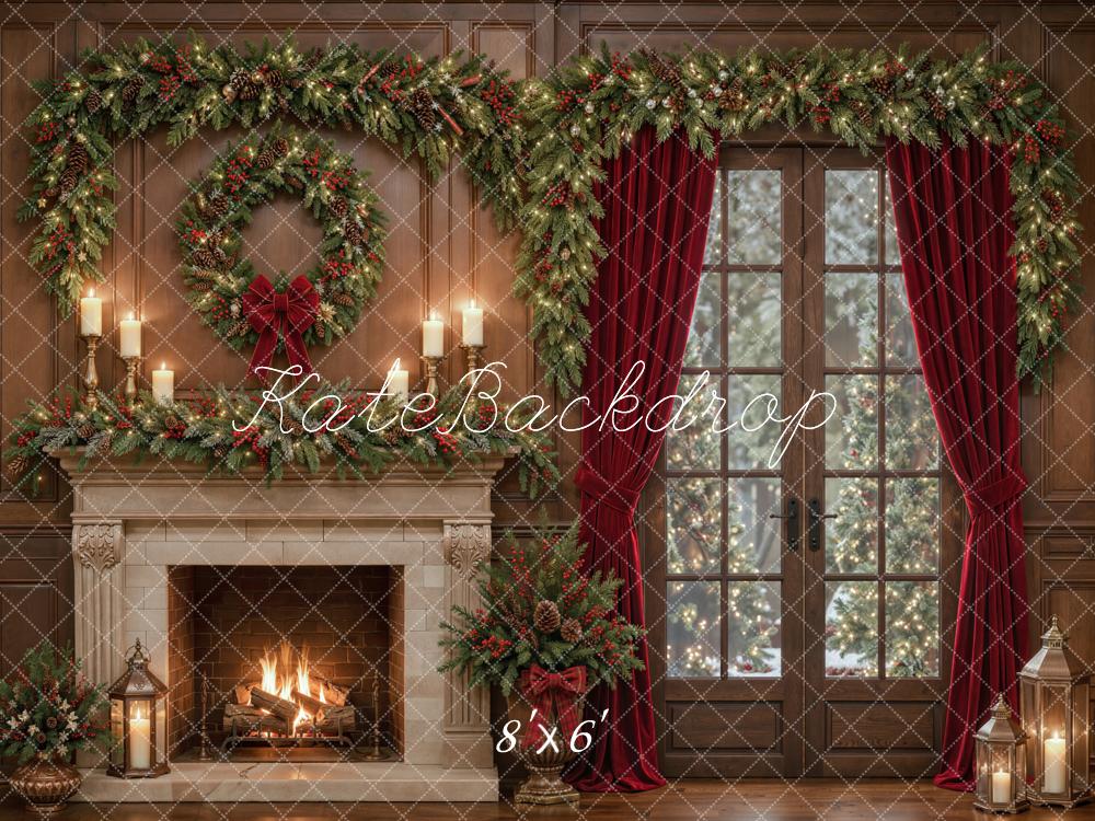 Kate Christmas Fireplace Garland Window Red Curtains Brown Printed Backdrop Designed by Emetselch
