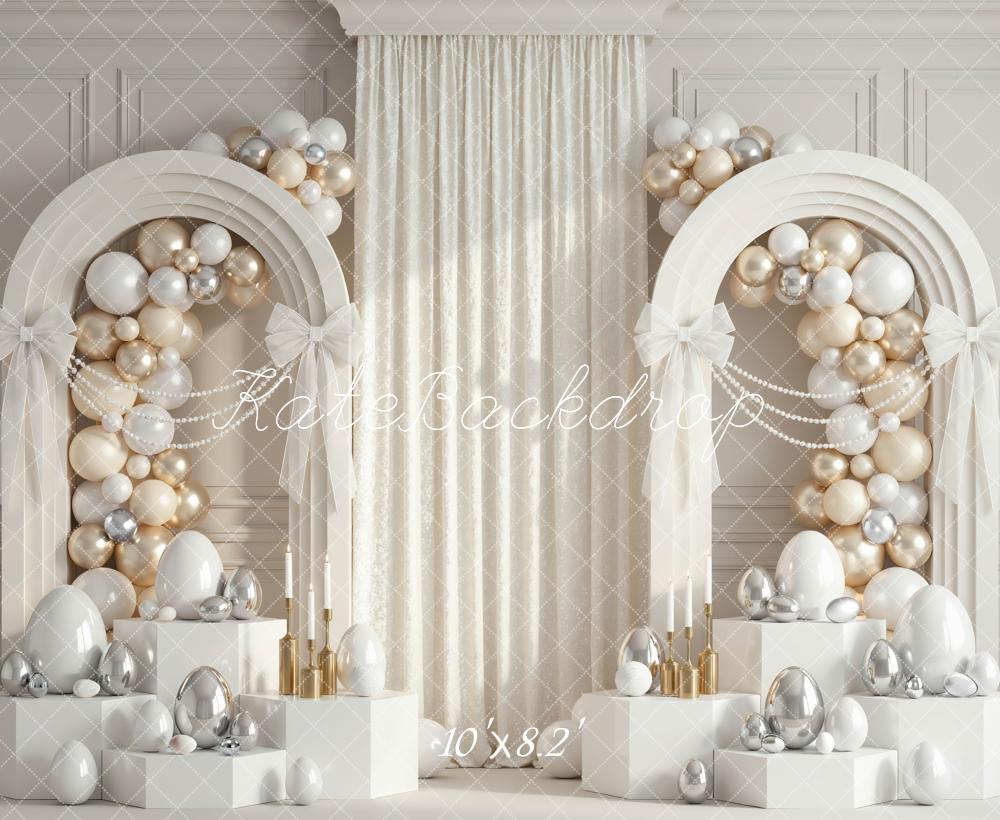 Kate Easter Balloon Arch White Silver Gold Eggs Printed Backdrop Designed by Mini MakeBelieve