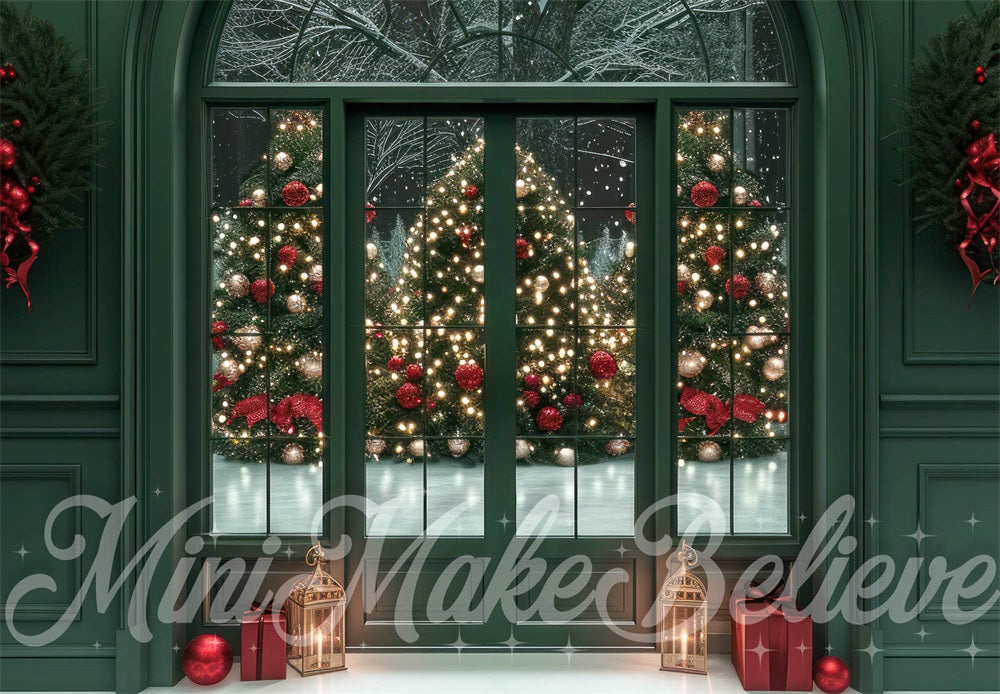 Fondo de ventana en forma de arco en verde oscuro vintage diseñado por Mini MakeBelieve para Navidad.