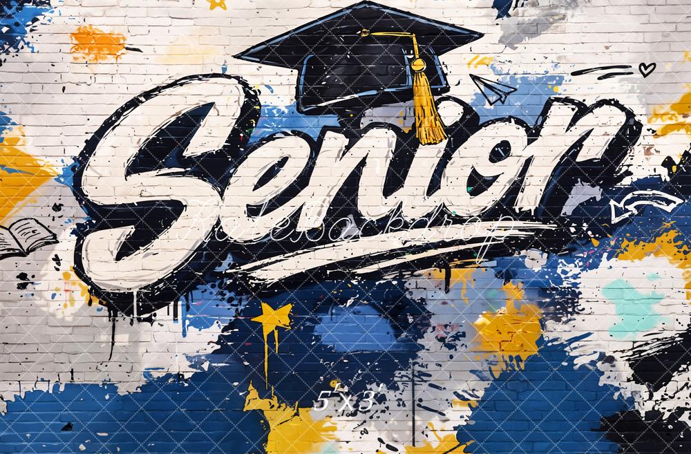 Kate Senior Graffiti Graduation Cap Blue Yellow Brick Wall Printed Backdrop Designed by Emetselch