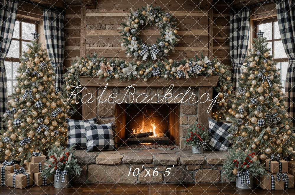Kate Christmas Stone Fireplace Buffalo Plaid Christmas Tree Wreath Garland Printed Backdrop Designed by Mini MakeBelieve