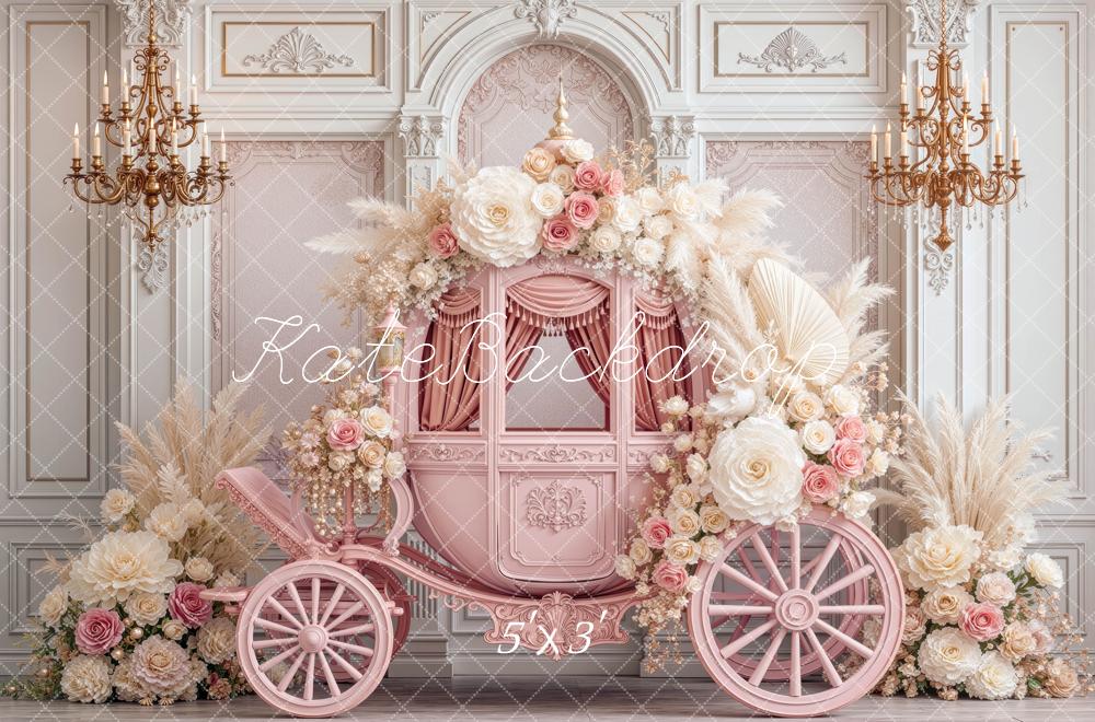 Kate Fairytale Pink Carriage Flower Arch Chandelier Palace Printed Backdrop Designed by Mini MakeBelieve