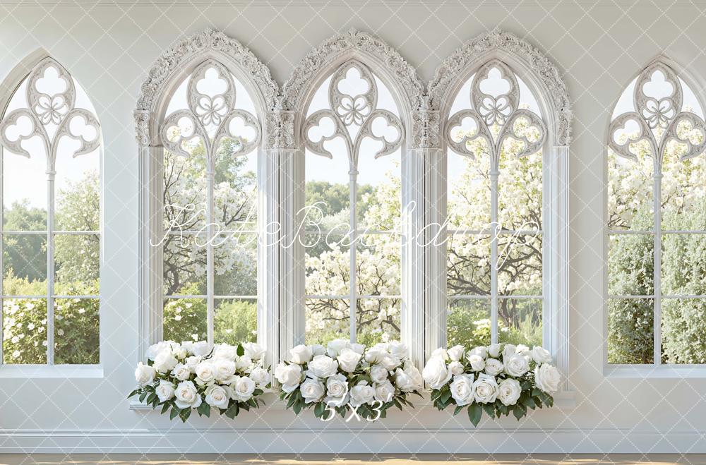 Kate Spring White Roses Gothic Windows Printed Backdrop Designed by Mini MakeBelieve