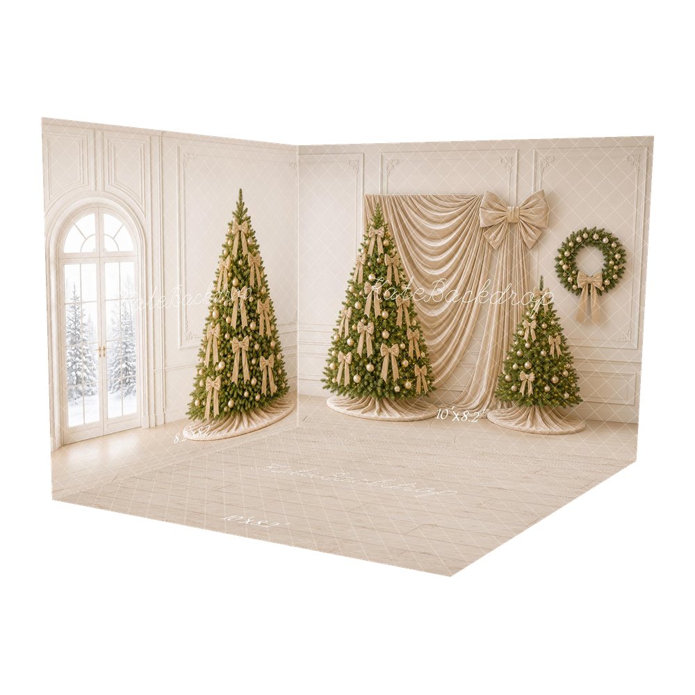 Kate Christmas Gold Bow Christmas Tree Wreath Draped Curtain Printed Backdrop Room Set