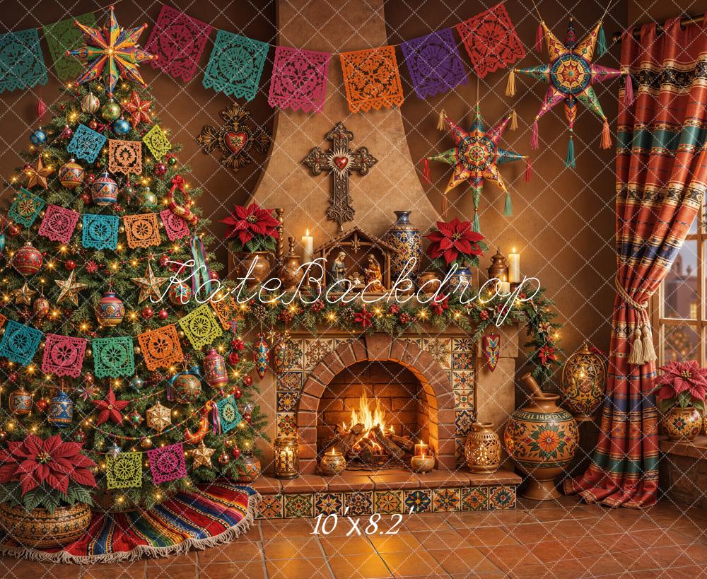 Kate Mexican Christmas Tree Fireplace Papel Picado Curtains Printed Backdrop Designed by Emetselch