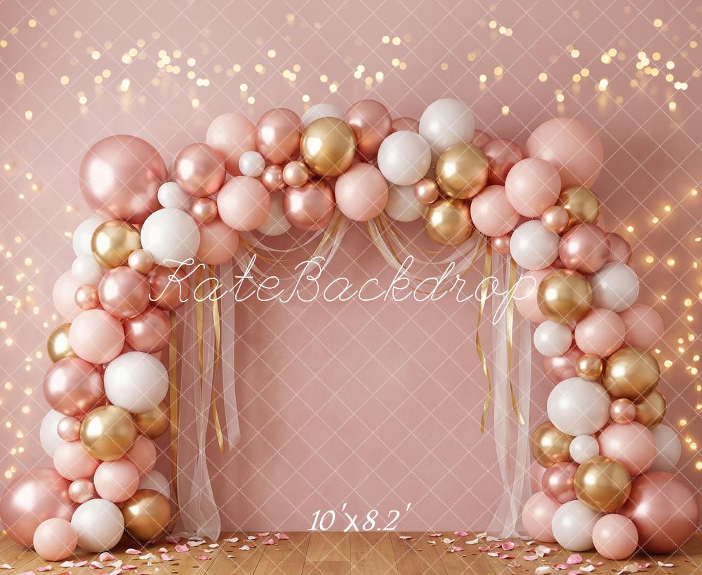 TEST Kate Birthday Balloon Arch Pink Gold White Bokeh Printed Backdrop Designed by Happy Squirrel Design