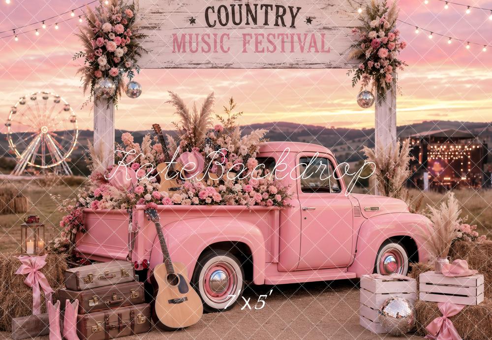 Kate Country Music Festival Pink Truck Floral Arch Printed Backdrop Designed by Ashley Paul