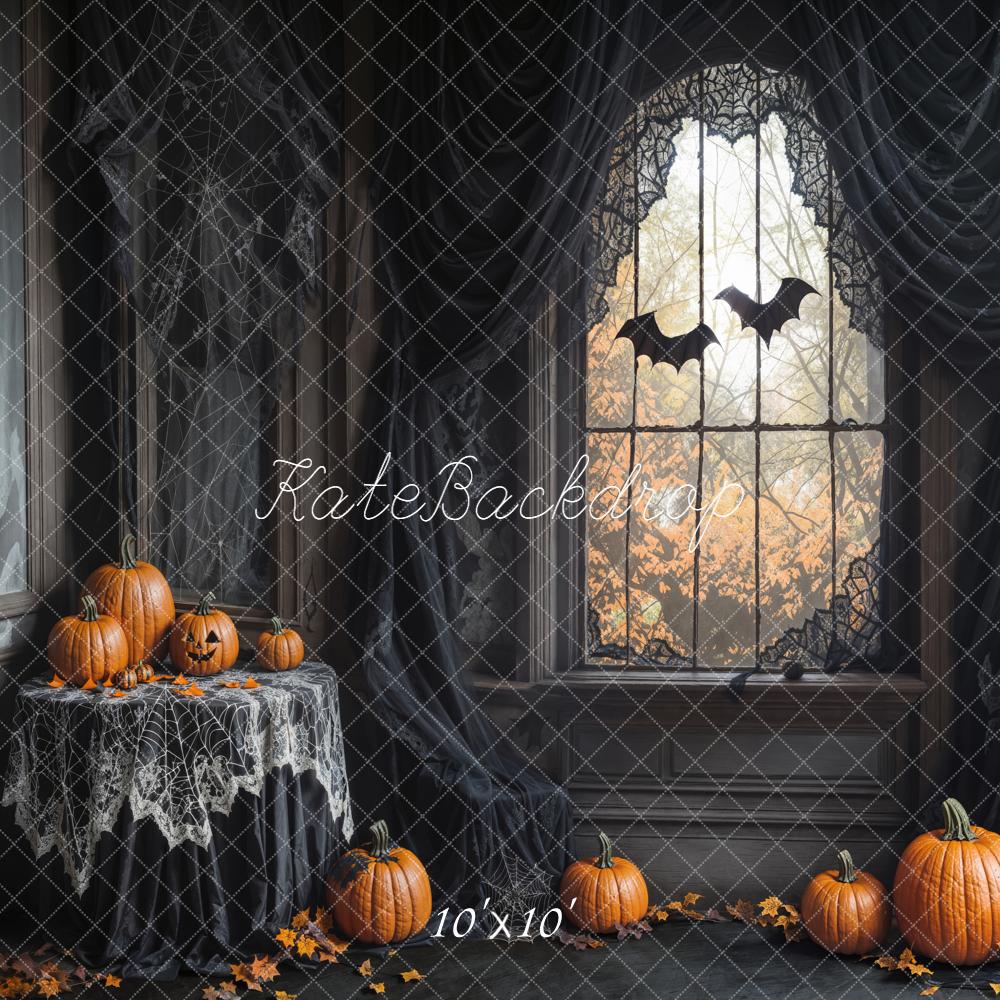 Kate Halloween Gothic Spider Web Window Pumpkins Bats Printed Backdrop Designed by Emetselch