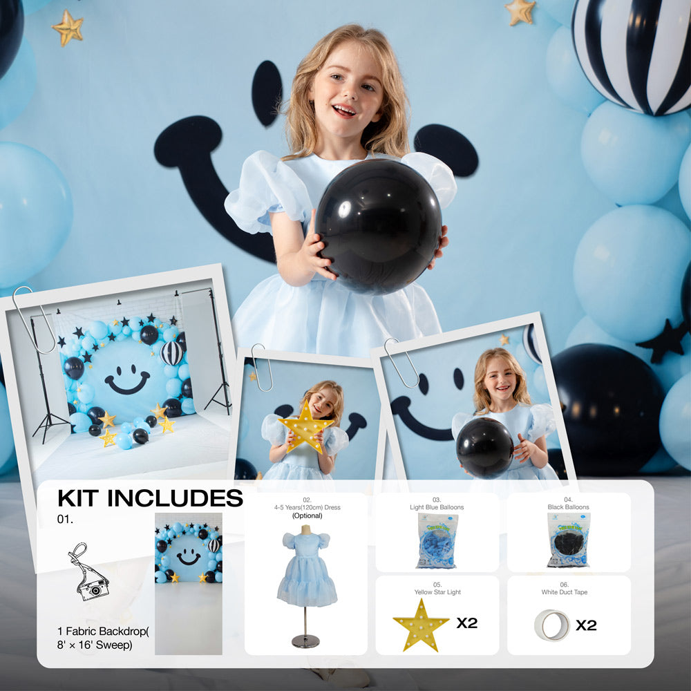 Kate Sweep Cake Smash Smiley Balloon Arch Blue Backdrop Designed by Emetselch