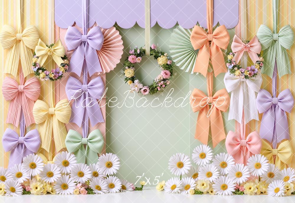 Kate Spring Pastel Bow Ribbons Floral Wreath Printed Backdrop Designed by Angela Miller