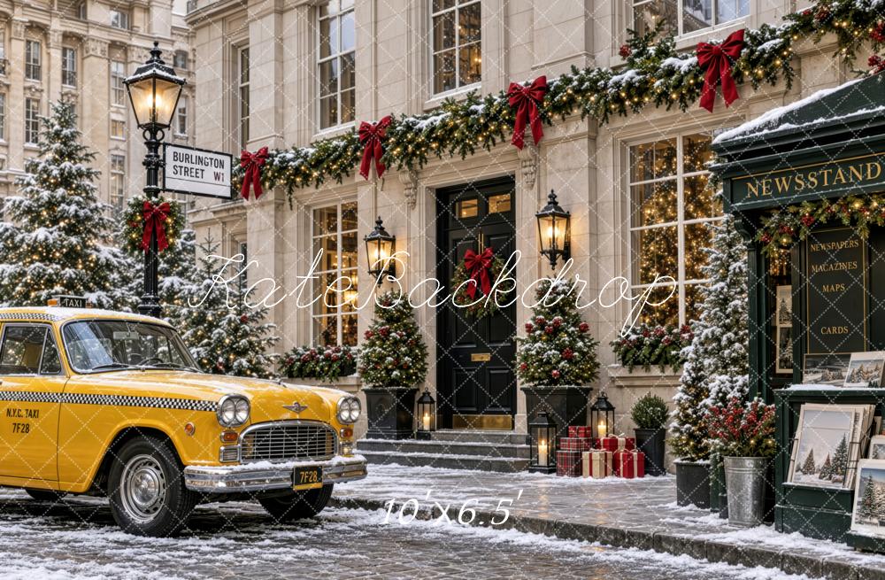 Kate Christmas Urban Snowy City Street Vintage Building Yellow Taxi Printed Backdrop Designed by Patty Roberts