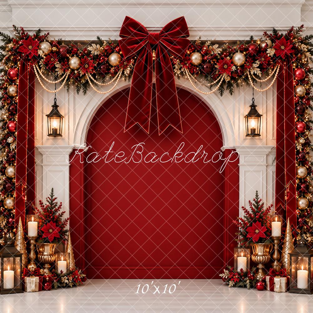 Kate Christmas Red Velvet Bow Arch Garland Trees Pearl Printed Backdrop Designed by Ashley Paul