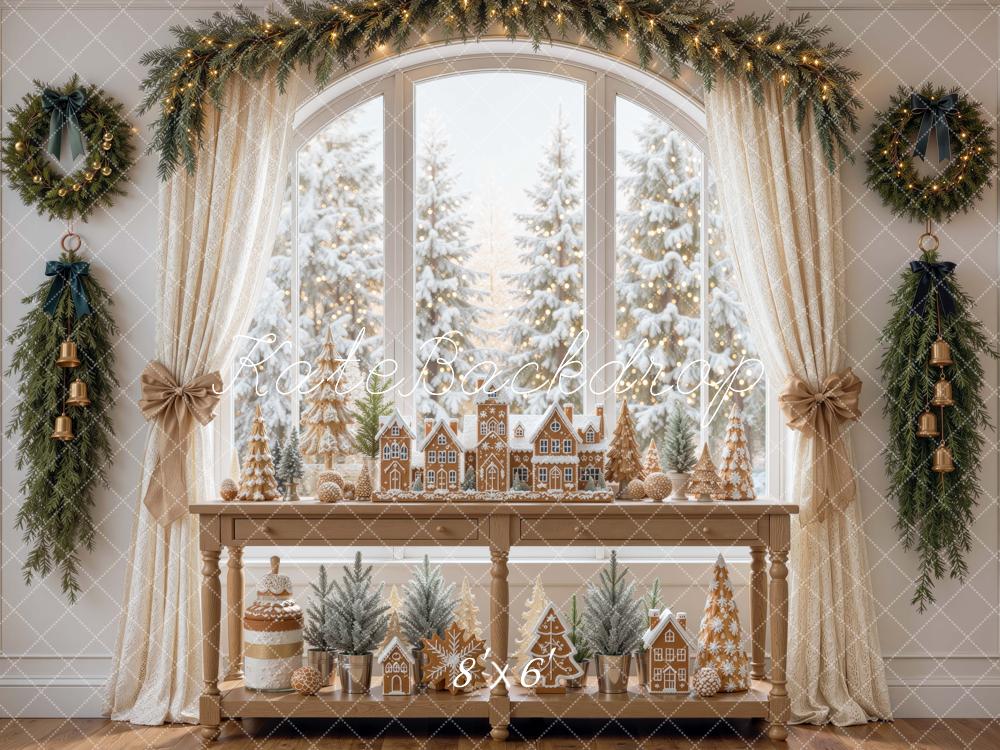 Kate Christmas Gingerbread Village Window Garland Curtains Printed Backdrop Designed by Mini MakeBelieve