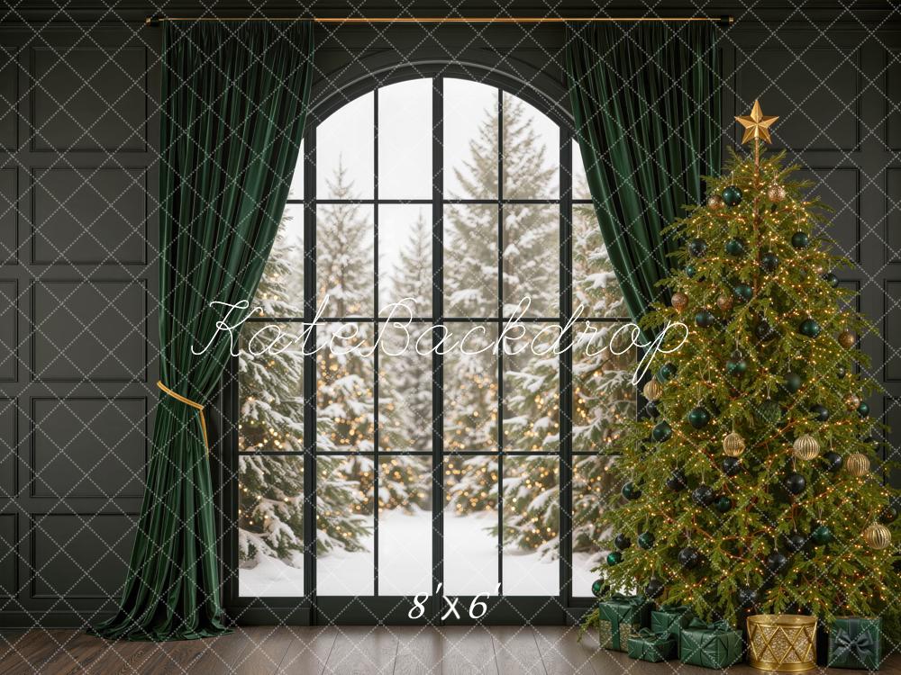 Kate Christmas Tree Window Green Curtains Printed Backdrop Designed by Mini MakeBelieve
