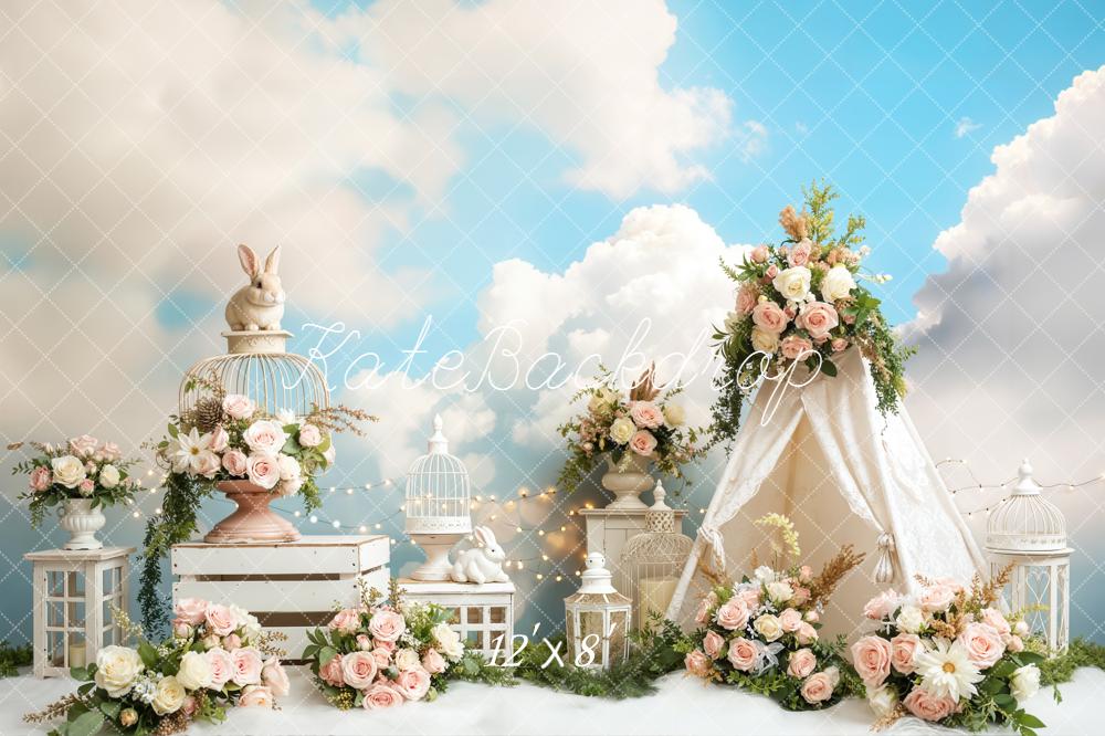 Kate Spring Bunny Birdcage Floral Tent Blue Sky Backdrop Designed by Emetselch