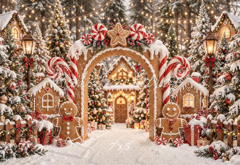 Kate Christmas Gingerbread Arch Candy Cane House Printed Backdrop Designed by Emetselch