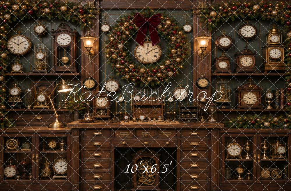 Kate Christmas Garland Vintage Clocks Cabinet Printed Backdrop Designed by Vertigo Productions