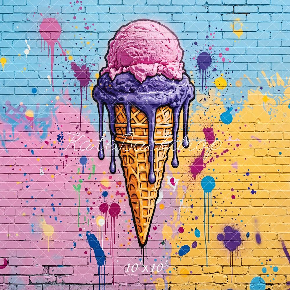 Kate Summer Ice Cream Cone Graffiti Brick Wall Printed Backdrop Designed by Emetselch