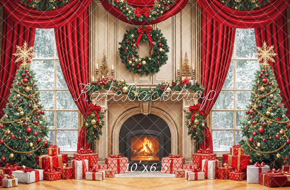 Kate Christmas Tree Fireplace Gift Red Curtains Backdrop Designed by Emetselch