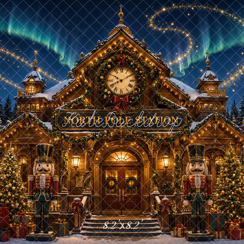 Kate Christmas North Pole Station Clock Tower Nutcracker Printed Backdrop Designed by Emetselch