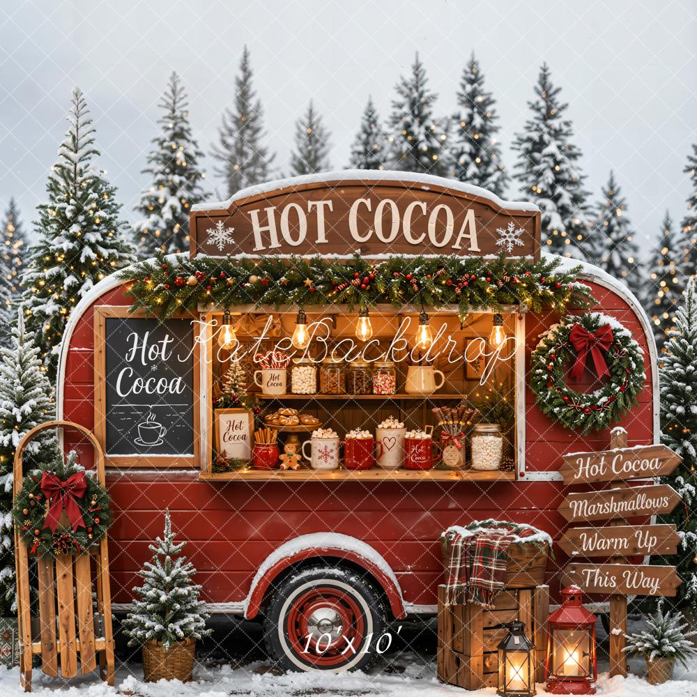 Kate Christmas Hot Cocoa Red Camper Van Snowy Forest Printed Backdrop Designed by Emetselch