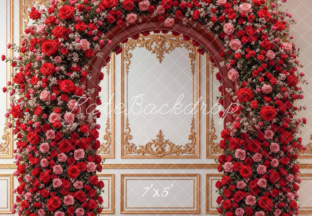 Kate Valentines Flower Arch Red Roses Gold Ornate Wall Backdrop Designed by Mini MakeBelieve