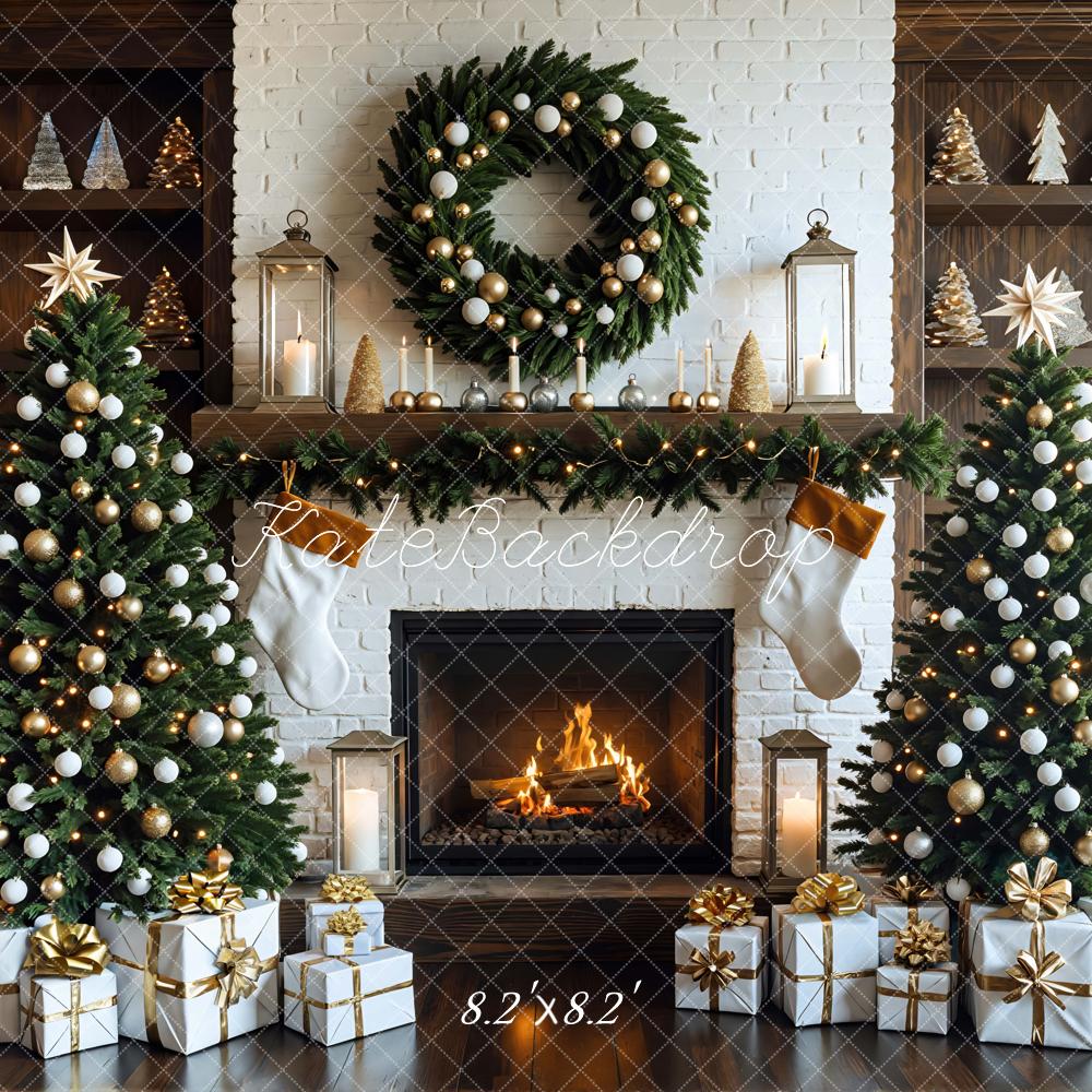 Kate Christmas Fireplace Tree Gift Boxes Wreath Shelves Backdrop Designed by Mini MakeBelieve