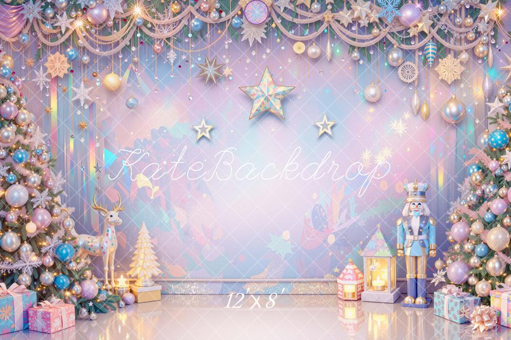 Kate Christmas Iridescent Pastel Nutcracker Tree Stars Ornament Printed Backdrop Designed by Mini MakeBelieve