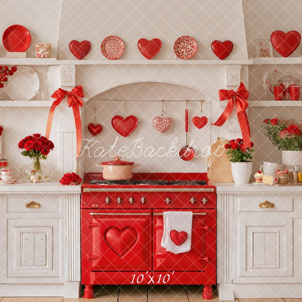 Kate Valentine's Day Kitchen Red Hearts Roses Backdrop Designed by Emetselch
