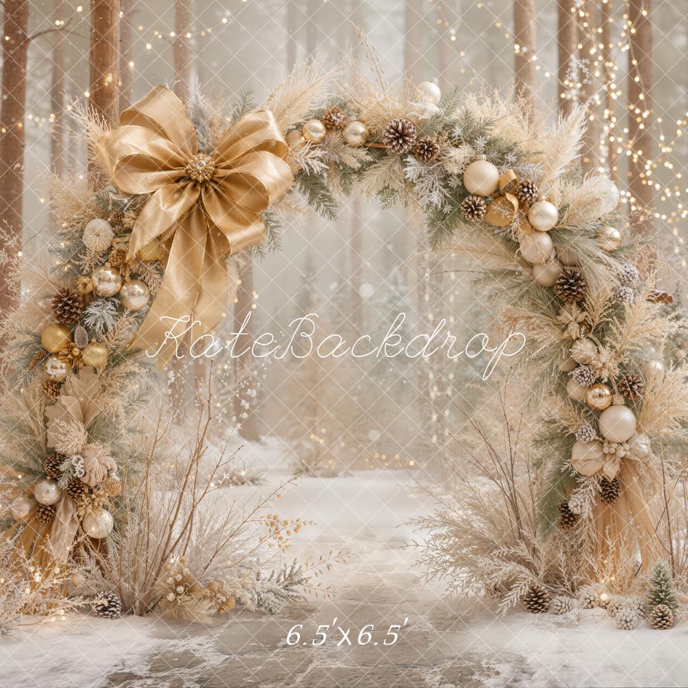 Kate Christmas Flower Arch Gold Bow Ornaments Snowy Forest Printed Backdrop Designed by Emetselch