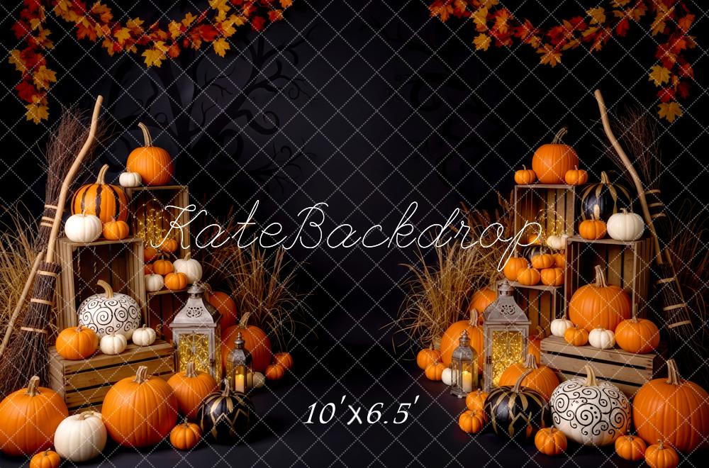 Kate Halloween Pumpkins Crates Lanterns Maple Leaves Backdrop Designed by Patty Roberts