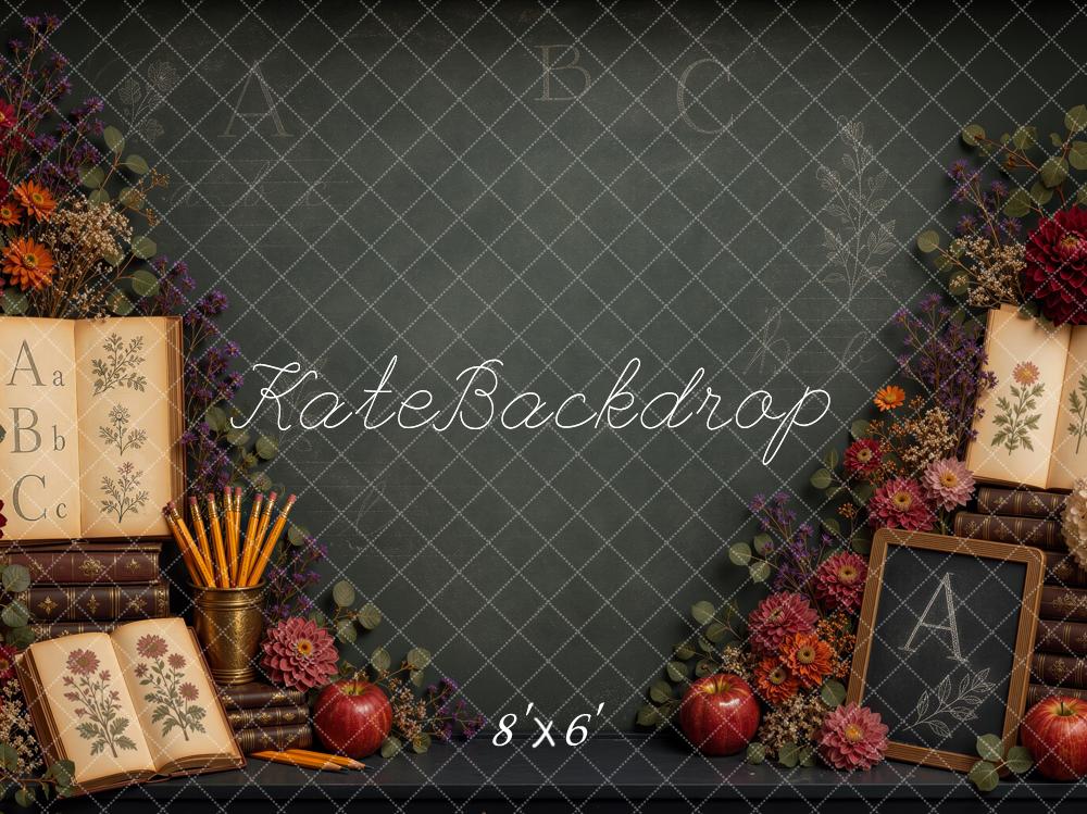 Kate Back to School Chalkboard Books Flowers Apples Printed Backdrop Designed by Ashley Ward