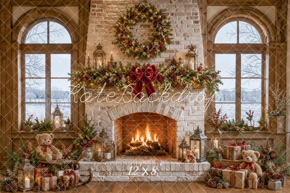 TEST Kate Christmas Fireplace Stone Garland Wreath Teddy Bear Gifts Printed Backdrop Designed by Emetselch