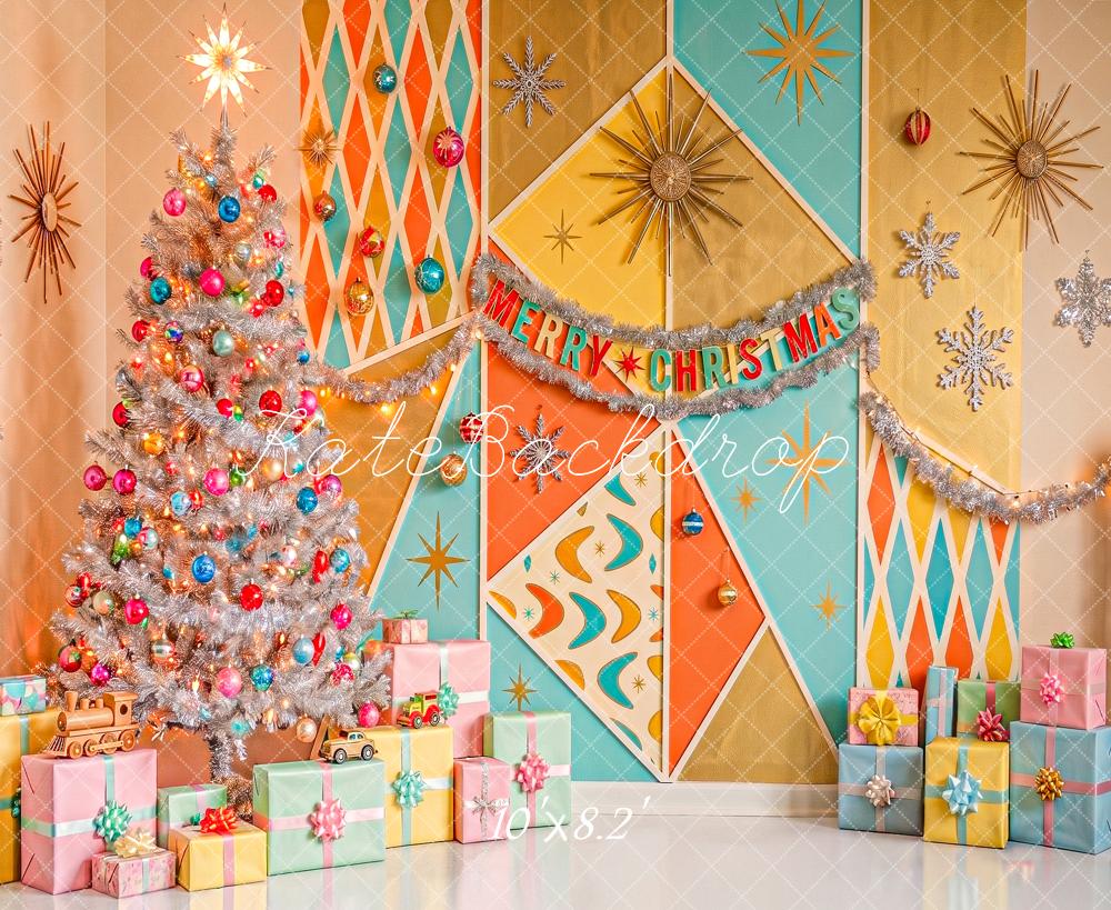 Kate Atomic Era Retro Christmas Retro Wall Christmas Tree Presents Printed Backdrop Designed by Angela Miller
