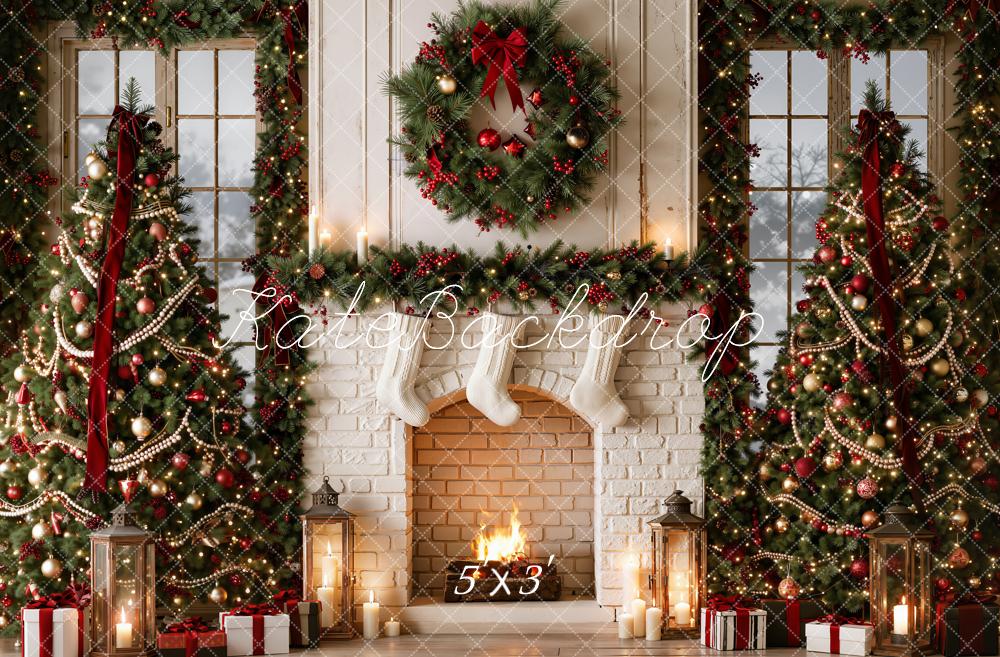 Kate Christmas Fireplace Christmas Trees Wreath Garland Pearl Red Ribbon Printed Backdrop Designed by Emetselch