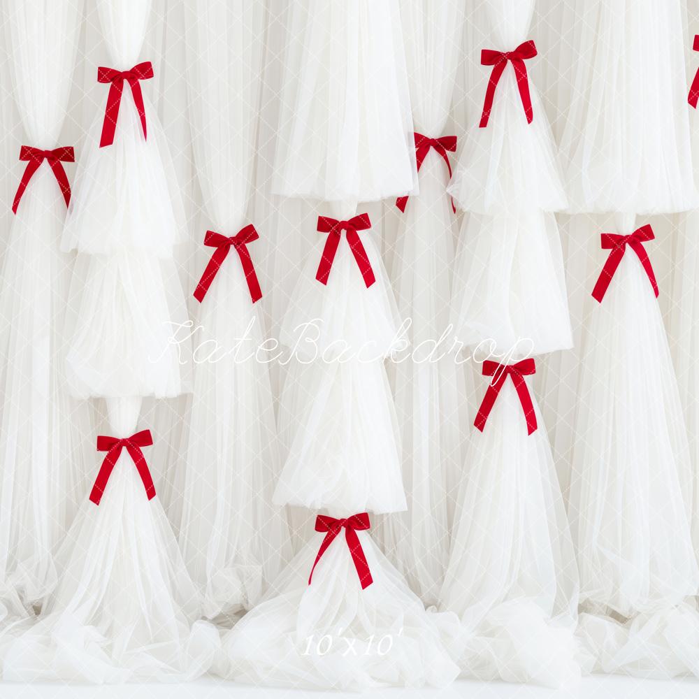 Kate White Tulle Curtains with Red Bows Backdrop Designed by Patty Roberts
