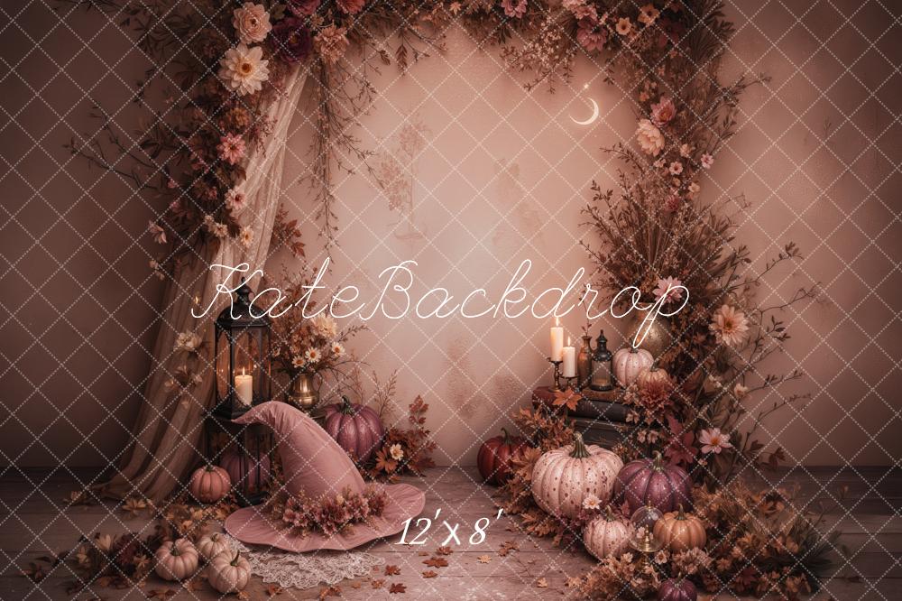 Kate Halloween Pumpkin Floral Arch Witch Hat Printed Backdrop Designed by Jordan Moon