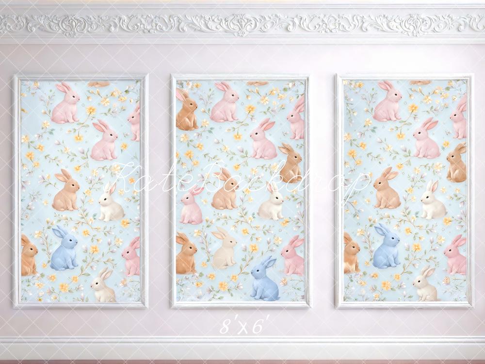 Kate Easter Bunny Floral Pastel Blue Wall Printed Backdrop Designed by Mini MakeBelieve