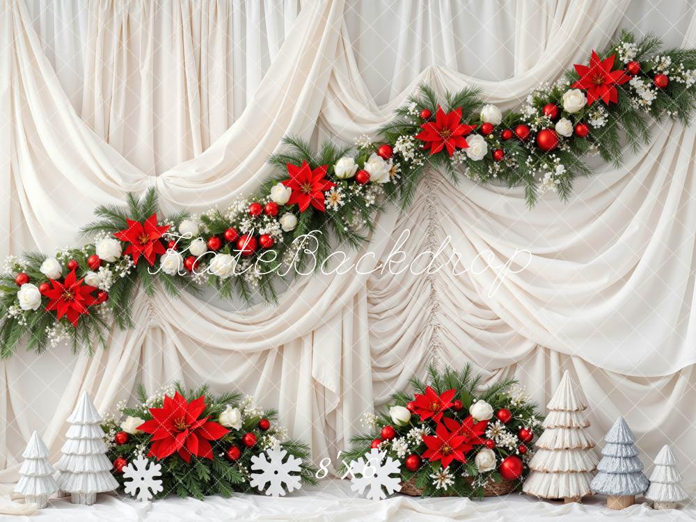 Kate Christmas Red Poinsettia Garland Cream Drapes Printed Backdrop Designed by Mini MakeBelieve