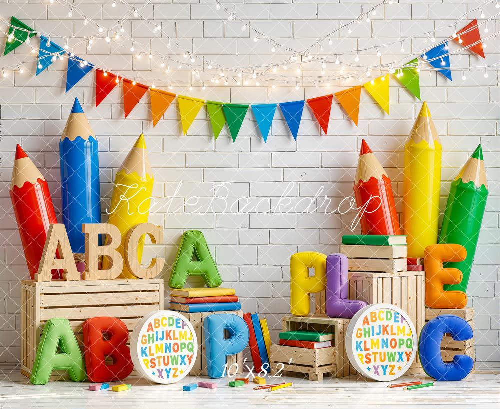 Kate Back To School Giant Colorful Pencils Alphabet Crates Printed Backdrop Designed by Emetselch