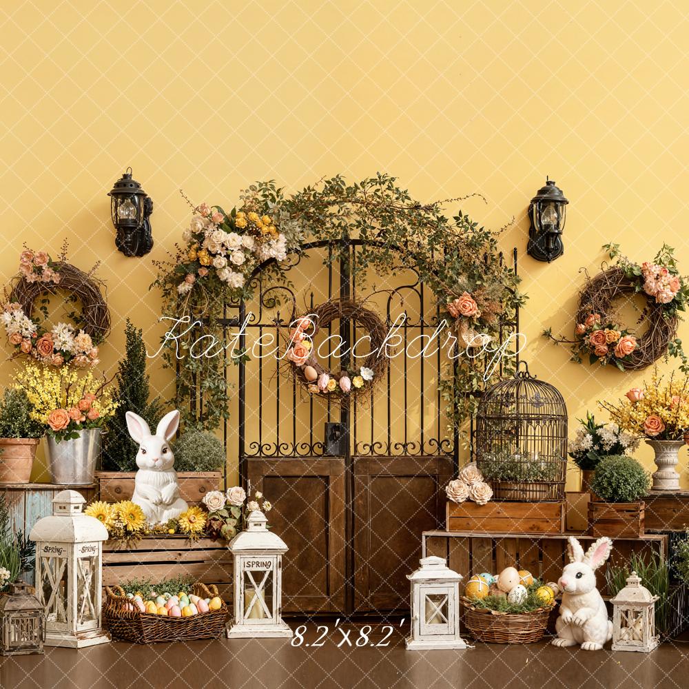 Kate Easter Bunny Floral Wreaths Garden Gate Yellow Wall Printed Backdrop Designed by Emetselch
